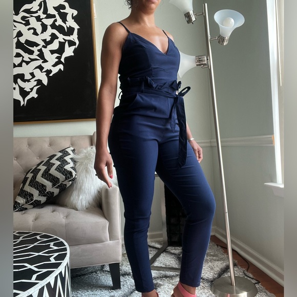 Windsor Navy Blue Spaghetti Strap Back Zip Sleeveless Jogger Style Jumpsuit - Picture 4 of 15